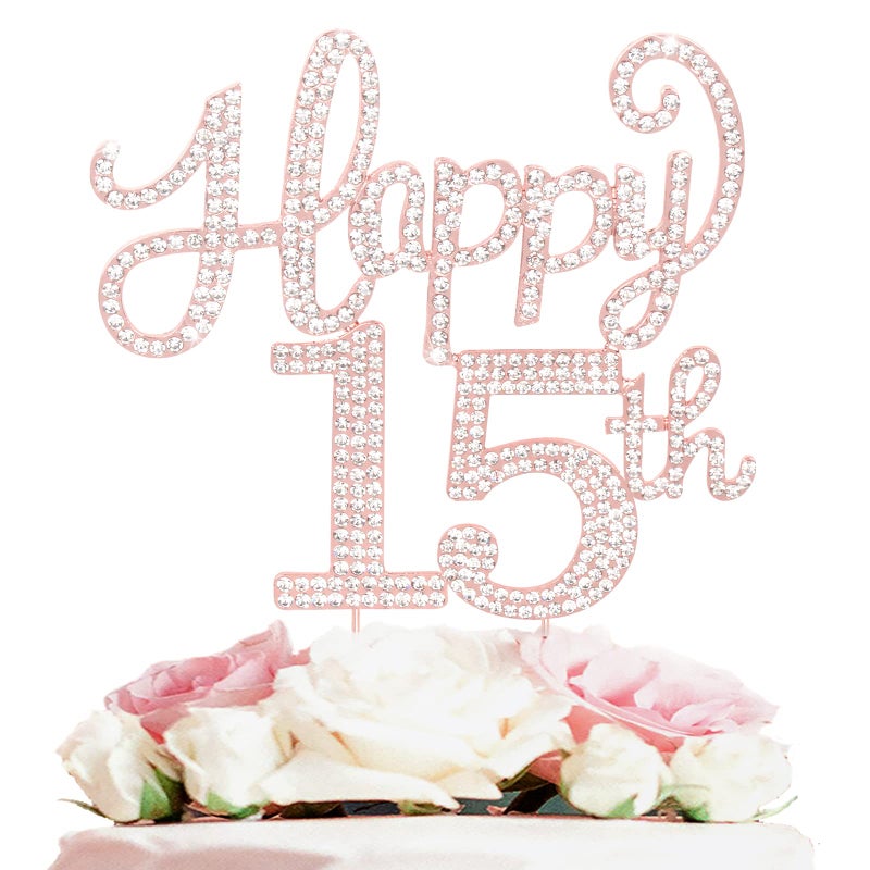 LASKYER Happy 15th Birthday Rose Gold Rhinestone Cake Topper - 15th Birthday/Anniversary,Cheers to Fifteen Years Old Bday Party Metal Sparkly Centerpieces Decorations. - Image 1